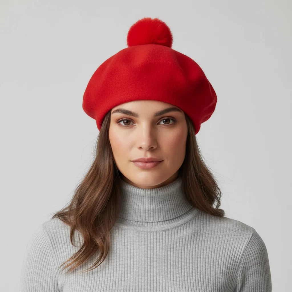 Vibrant red wool beret with fluffy pom-pom on top