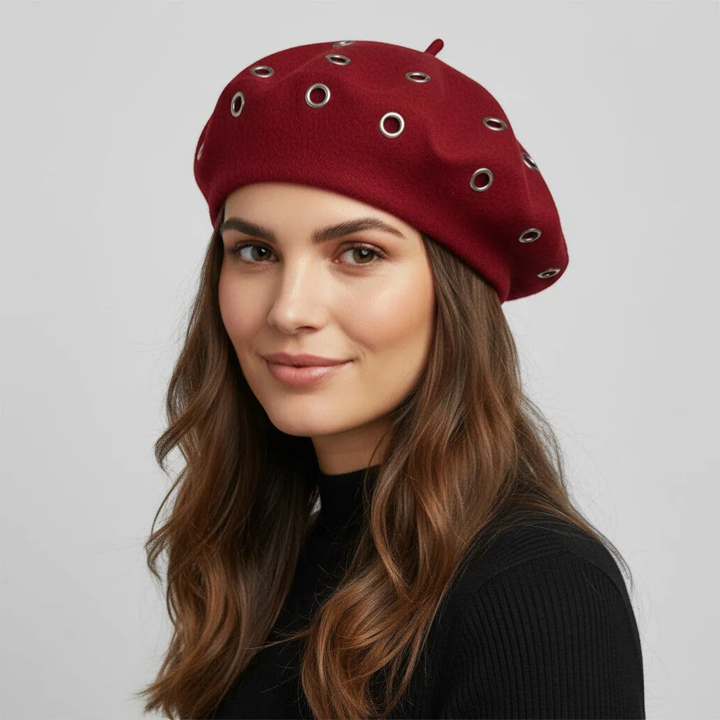 Burgundy Red Boina beret hat with silver grommet details