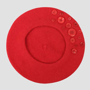 Red Button Beret with vibrant cluster of glossy translucent buttons