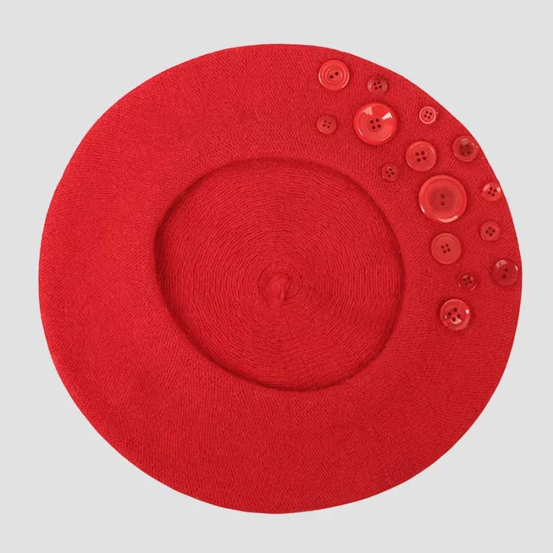 Red Button Beret with vibrant cluster of glossy translucent buttons