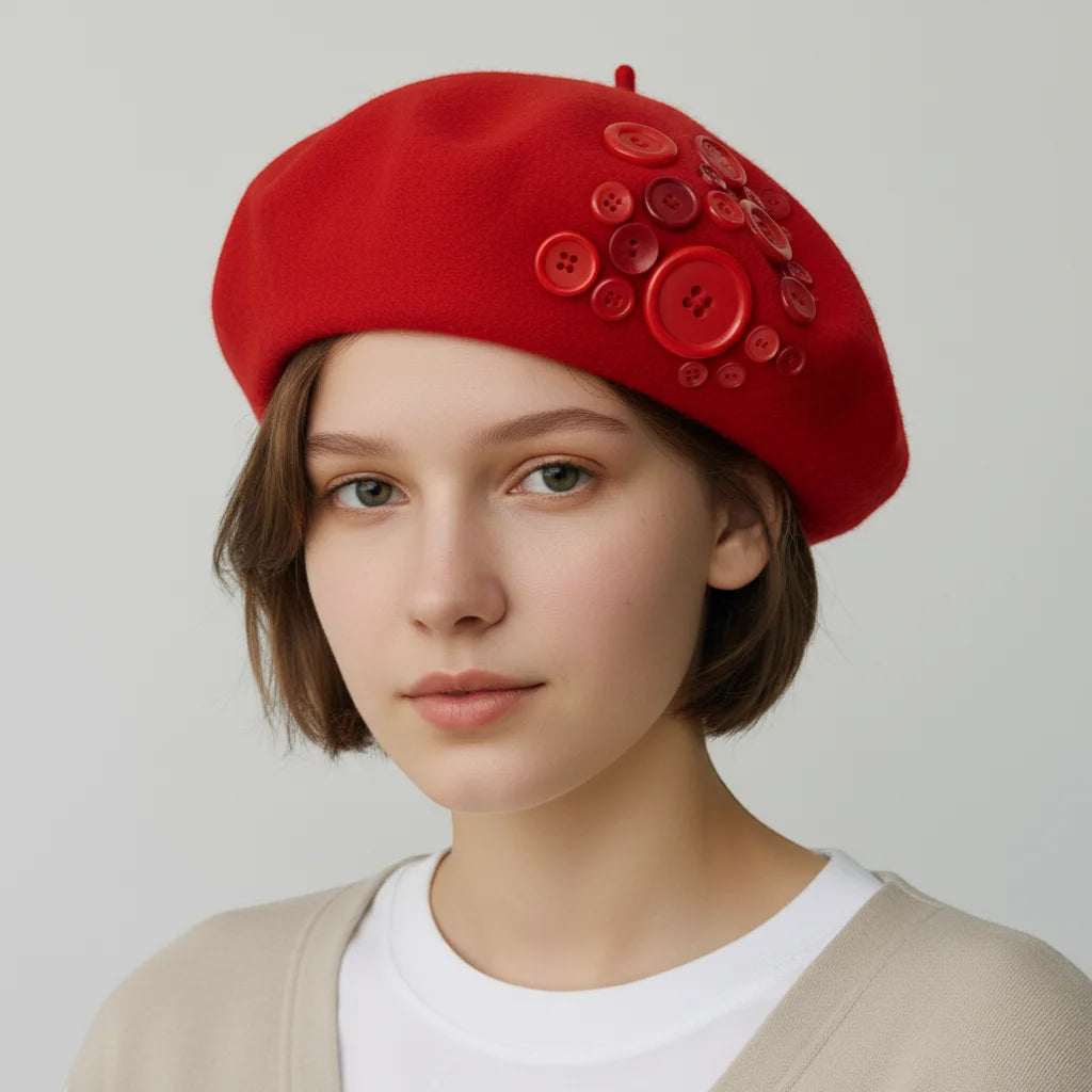 Vibrant Red Button Beret with matching wool buttons in varying sizes