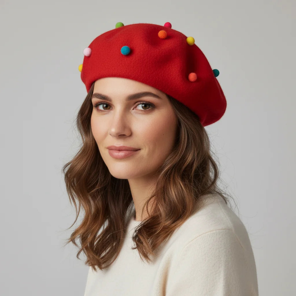 Red Candy Beret: vibrant red felt beret with colorful pom-poms