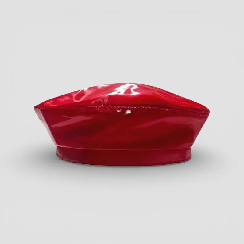 Glossy red leather beret with smooth shiny finish