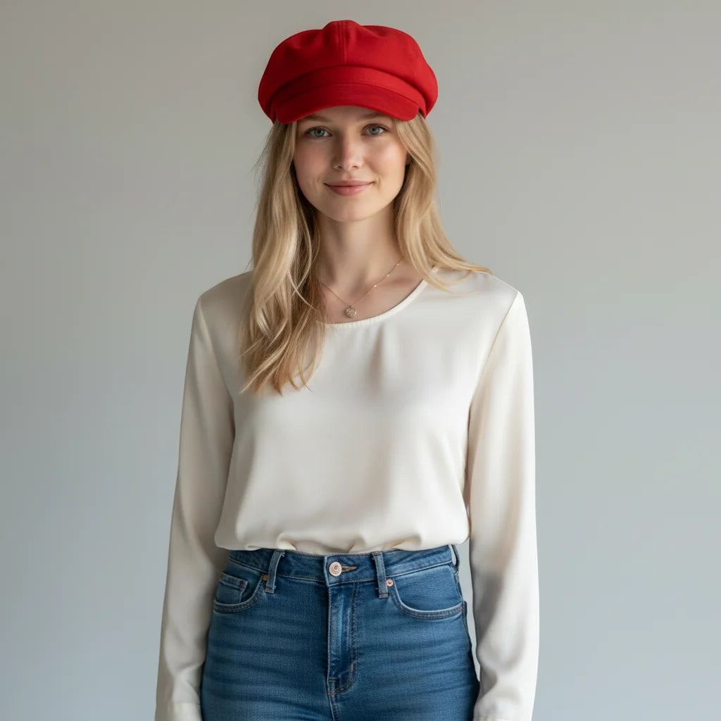 Red newsboy cap made of red fabric