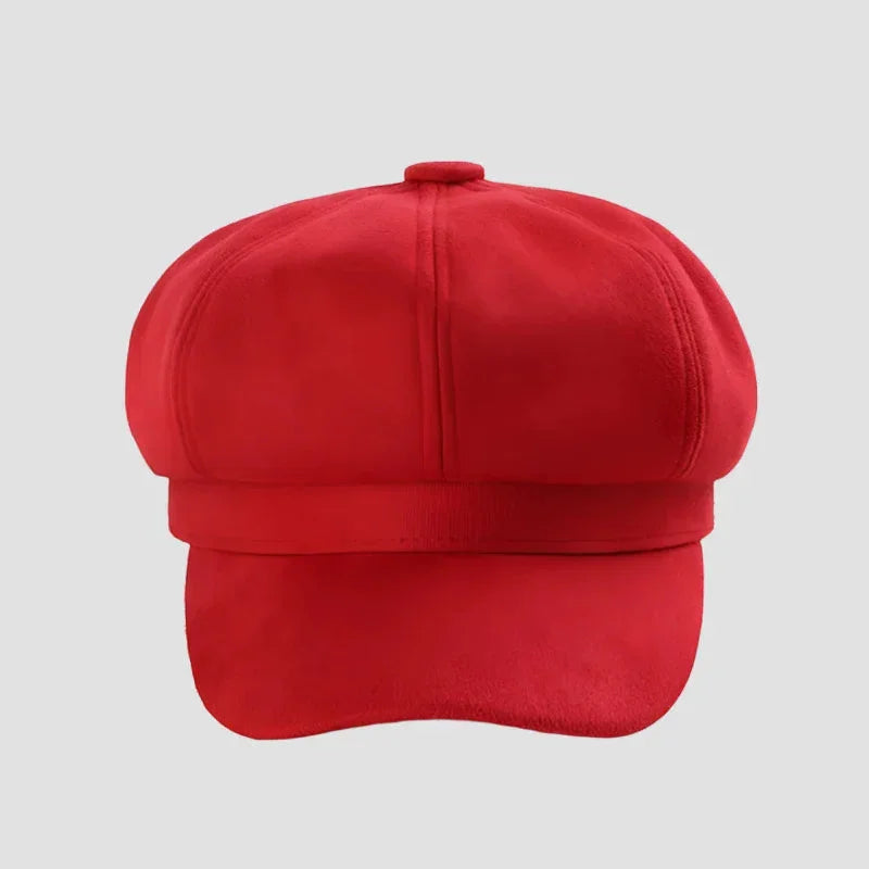 Red Newsboy Cap: vibrant suede-textured flat cap with structured crown and wide brim