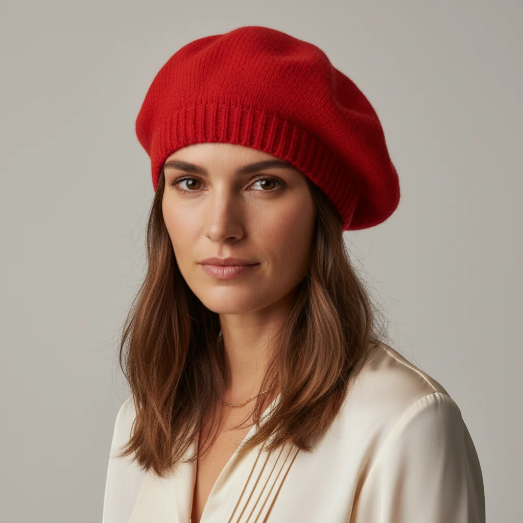 Vibrant red wool beret with ribbed brim, Red Wool Beret product view