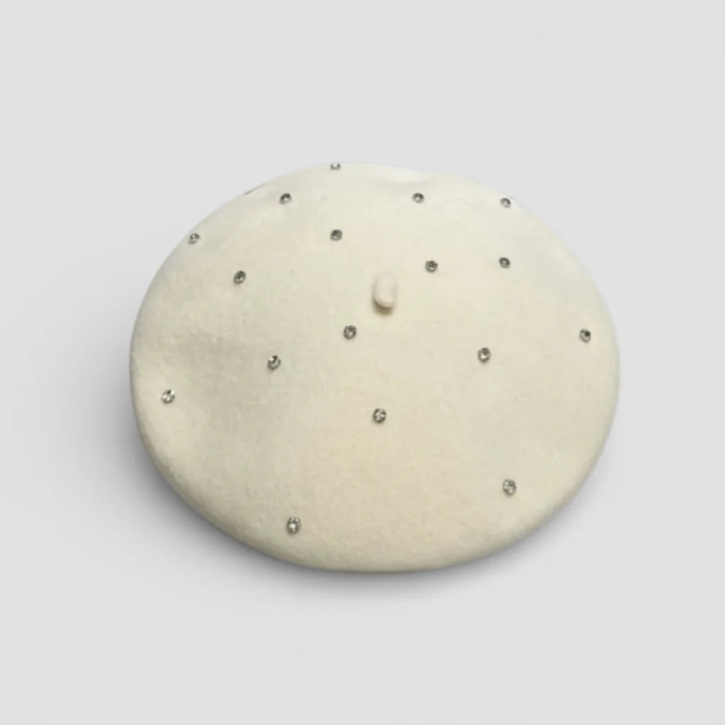 Cream-colored Rhinestone Beret with silver studs