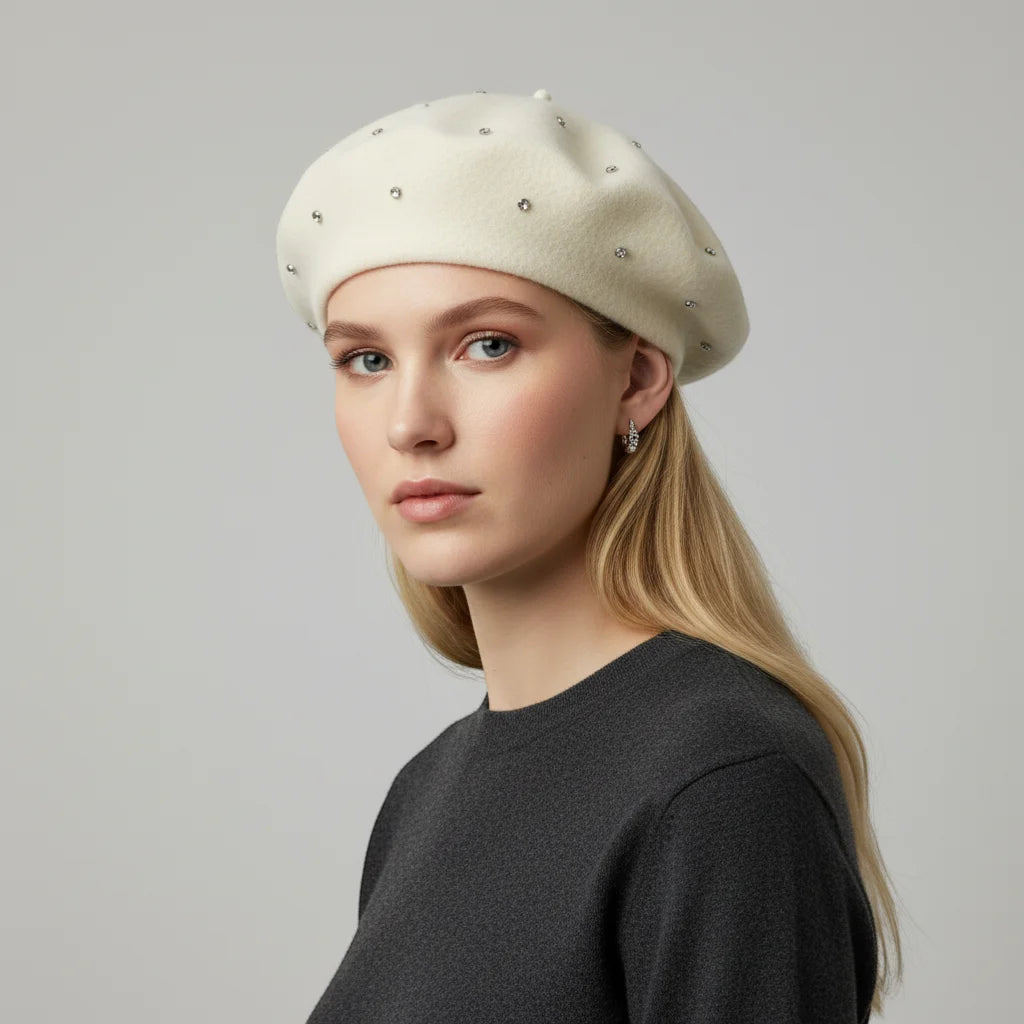 Cream-colored wool Rhinestone Beret with scattered silver studs