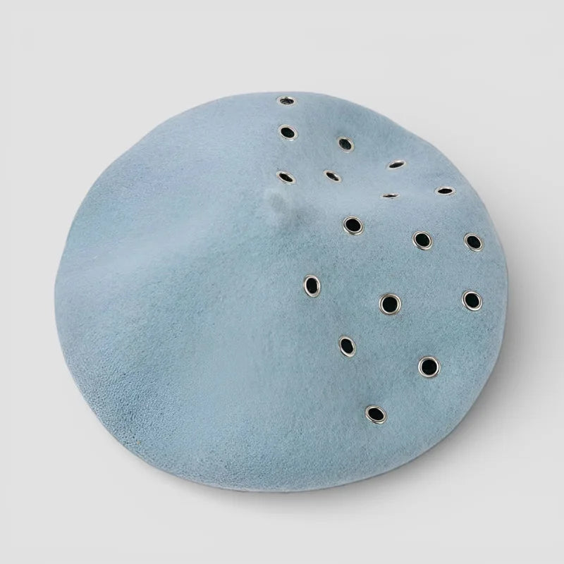 Light blue suede Royal Blue Beret with silver-toned eyelet pattern