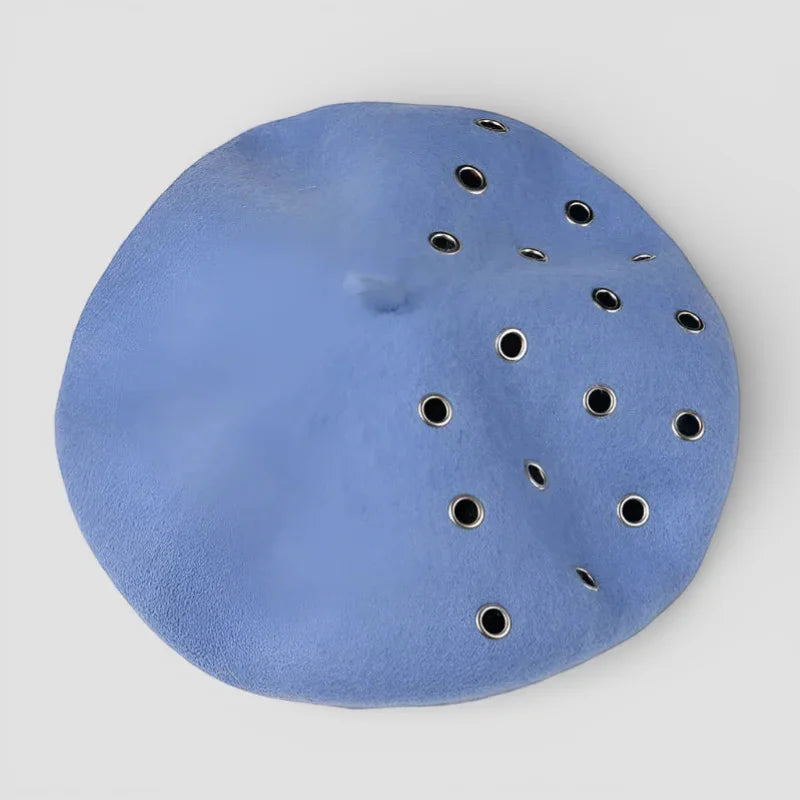 Royal blue beret with blue suede circular headband and silver eyelets
