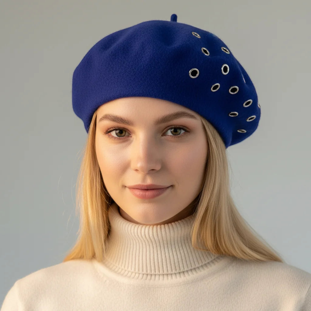 Royal Blue Beret with silver-toned eyelet pattern on side