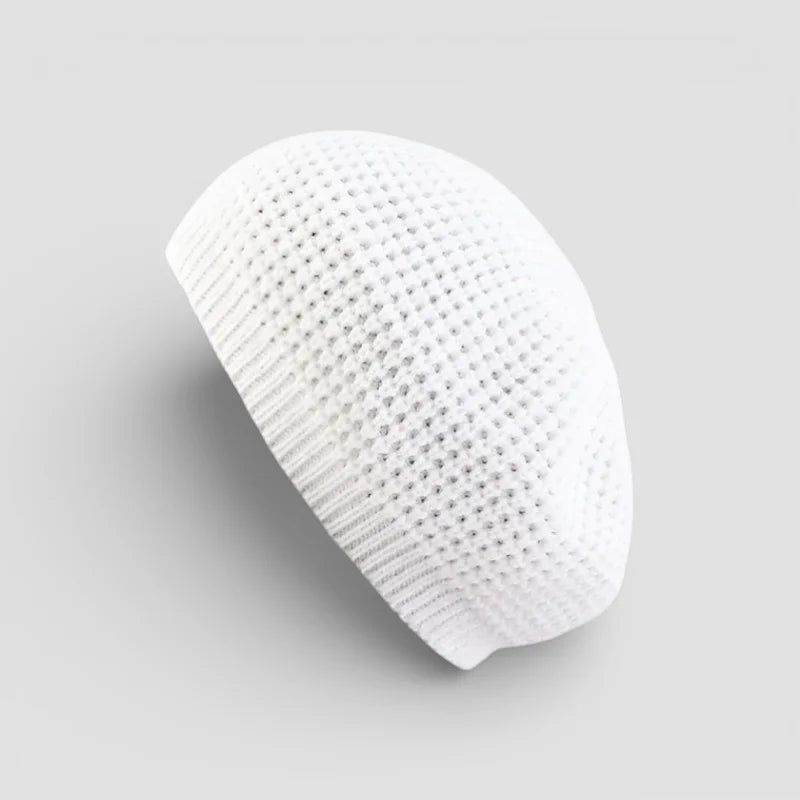 White knitted mesh Simple Beret with ribbed brim and perforations