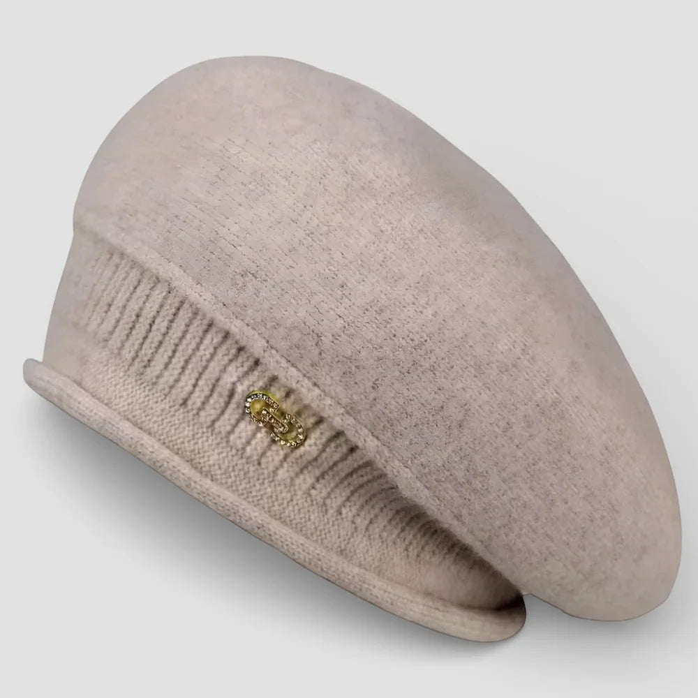 Slouchy wool beret in beige with ribbed brim and gold-toned embellishment