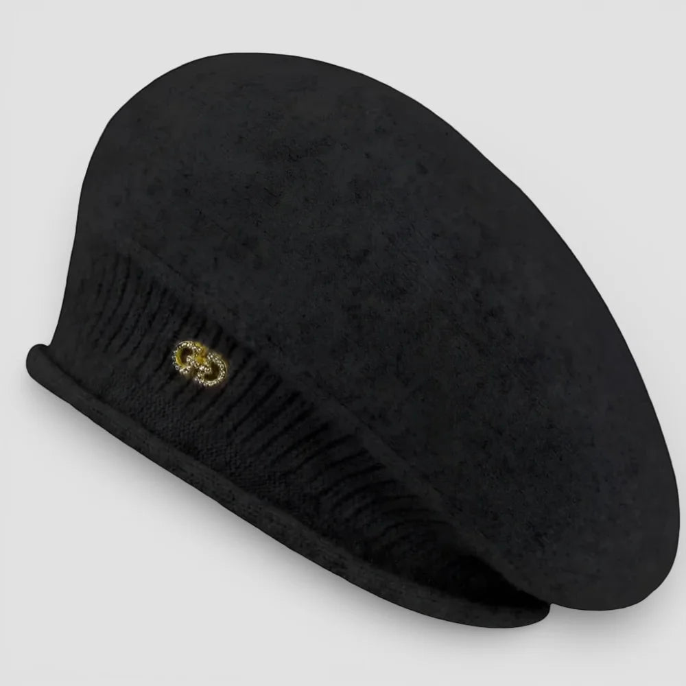 Slouchy wool beret in black velvet with gold-toned double-g emblem