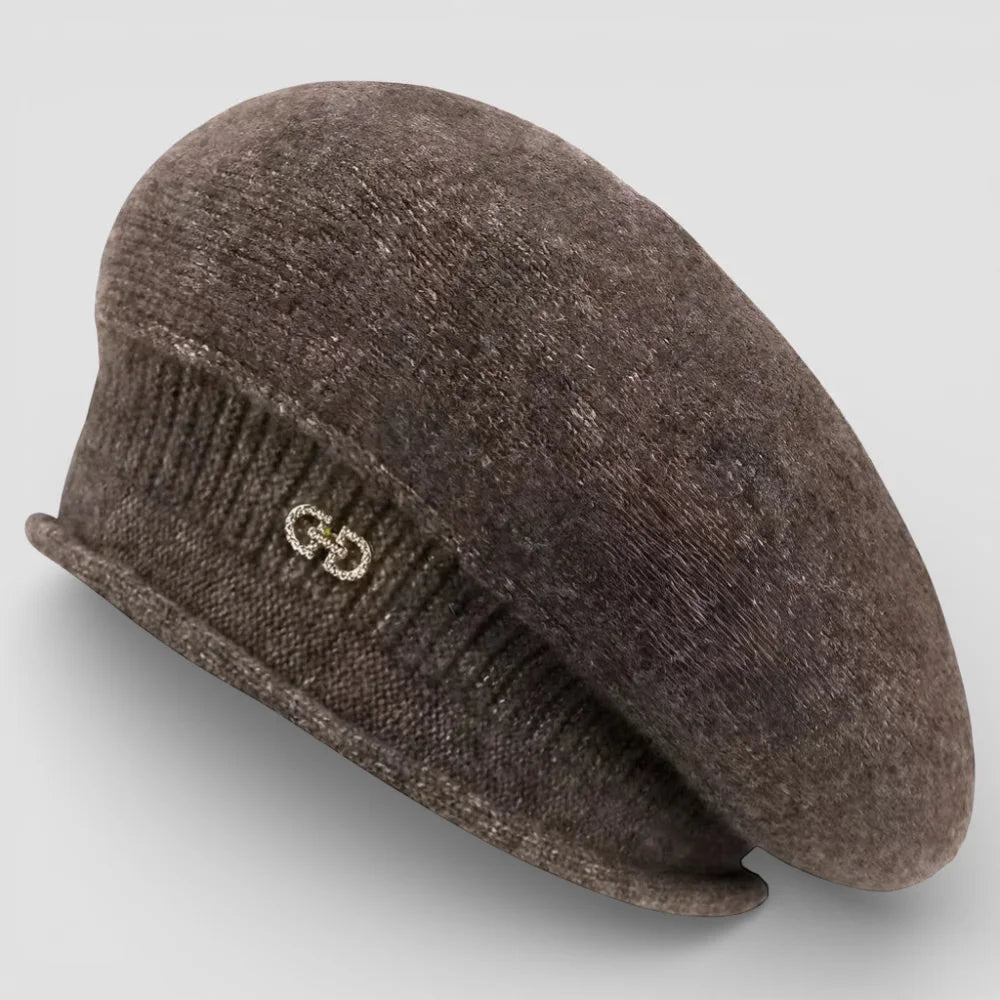 Slouchy wool beret with textured brown knit band and metallic logo
