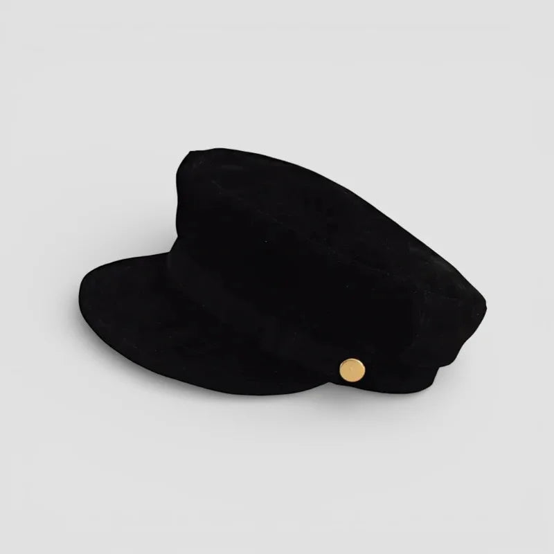 Black suede newsboy cap with gold-toned side button