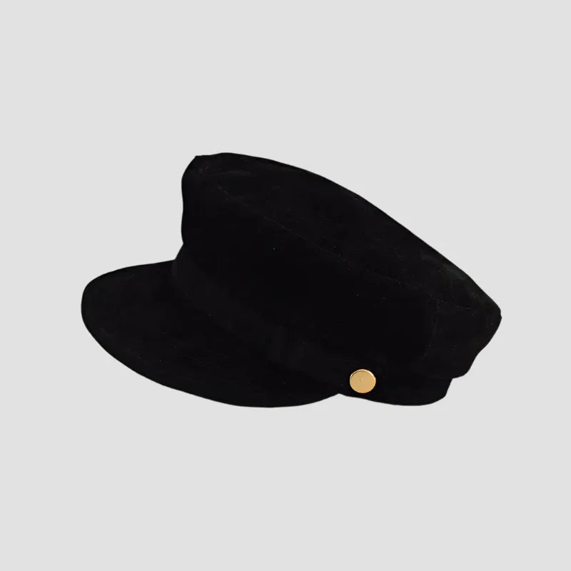 Black peaked cap with gold button.