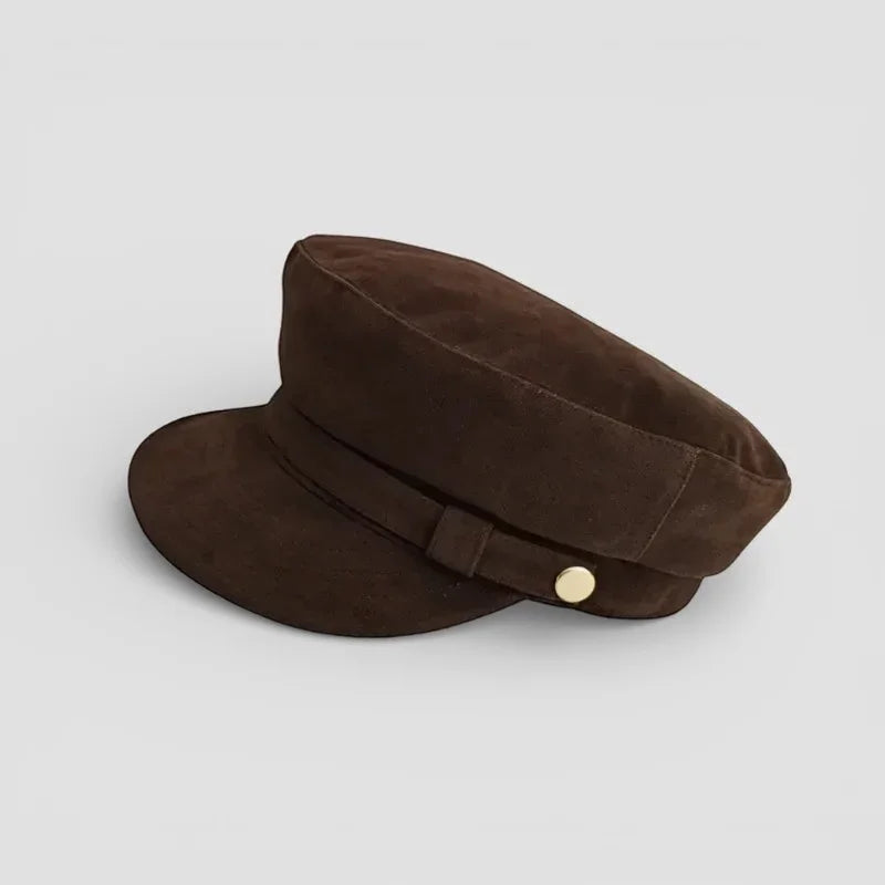 Brown suede newsboy cap with flat brim and gold button closure