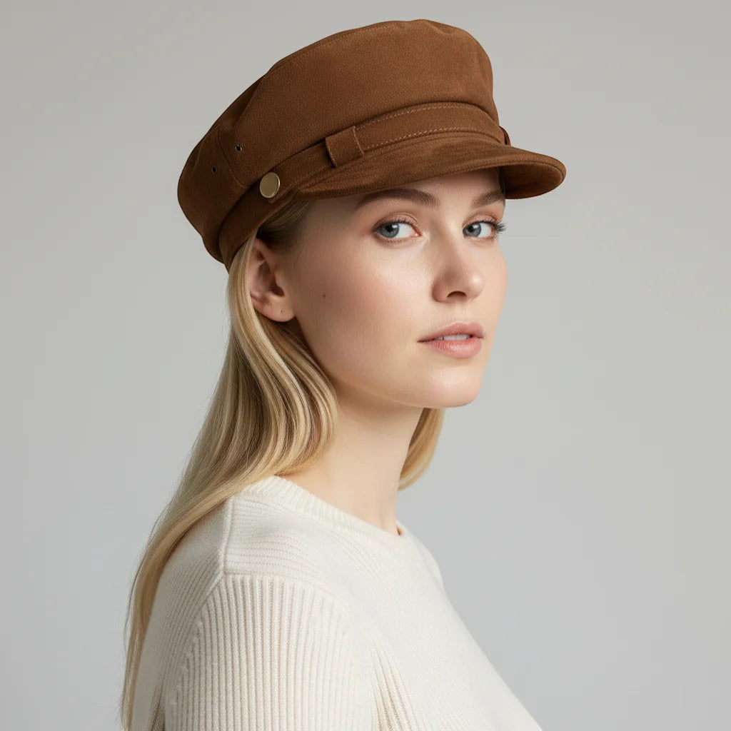 Brown suede newsboy cap with structured brim and adjustable strap