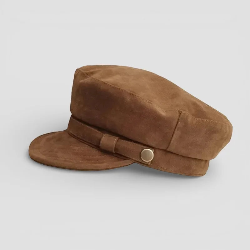 Tan suede newsboy cap with matching band and metallic button