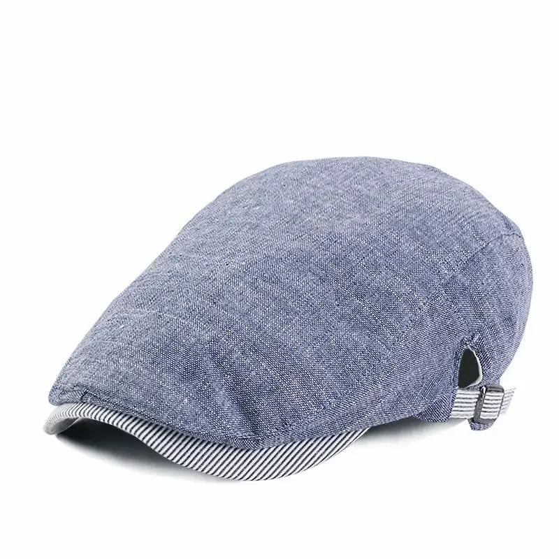 Blue newsboy cap.