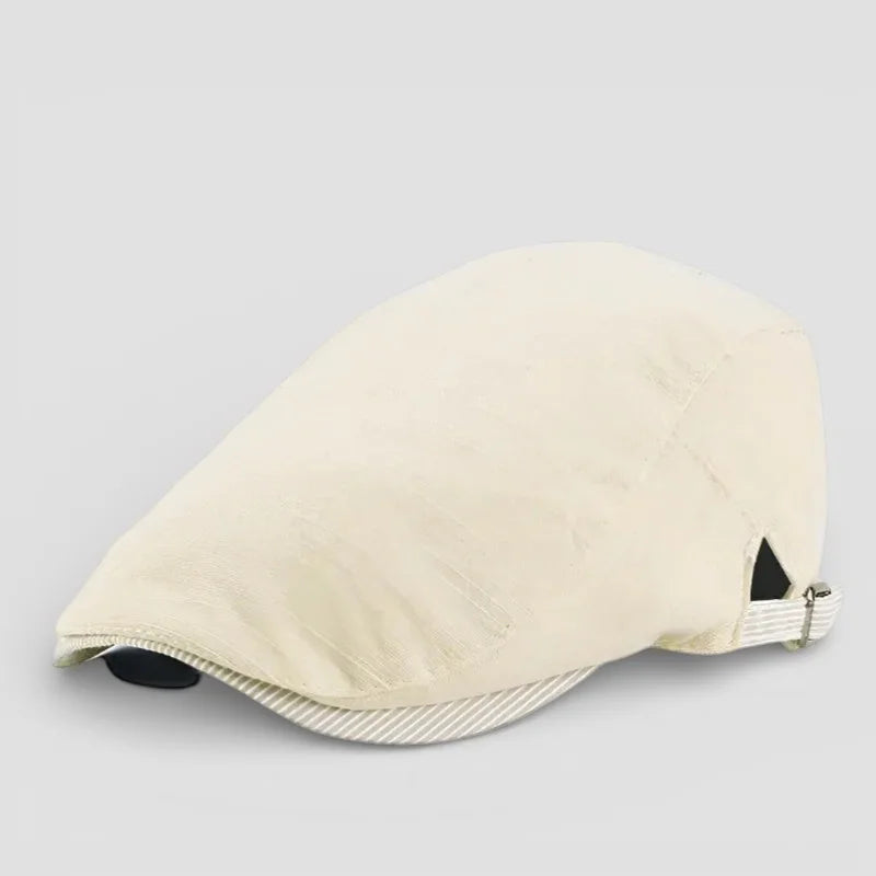 Summer Beret Cap: cream flat cap with striped brim and adjustable strap