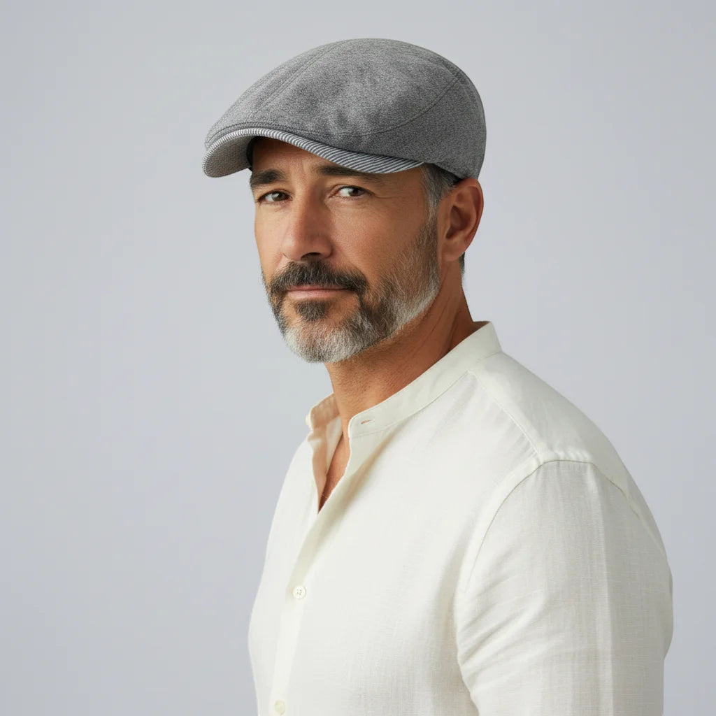 Gray Summer Beret Cap with textured fabric and striped brim