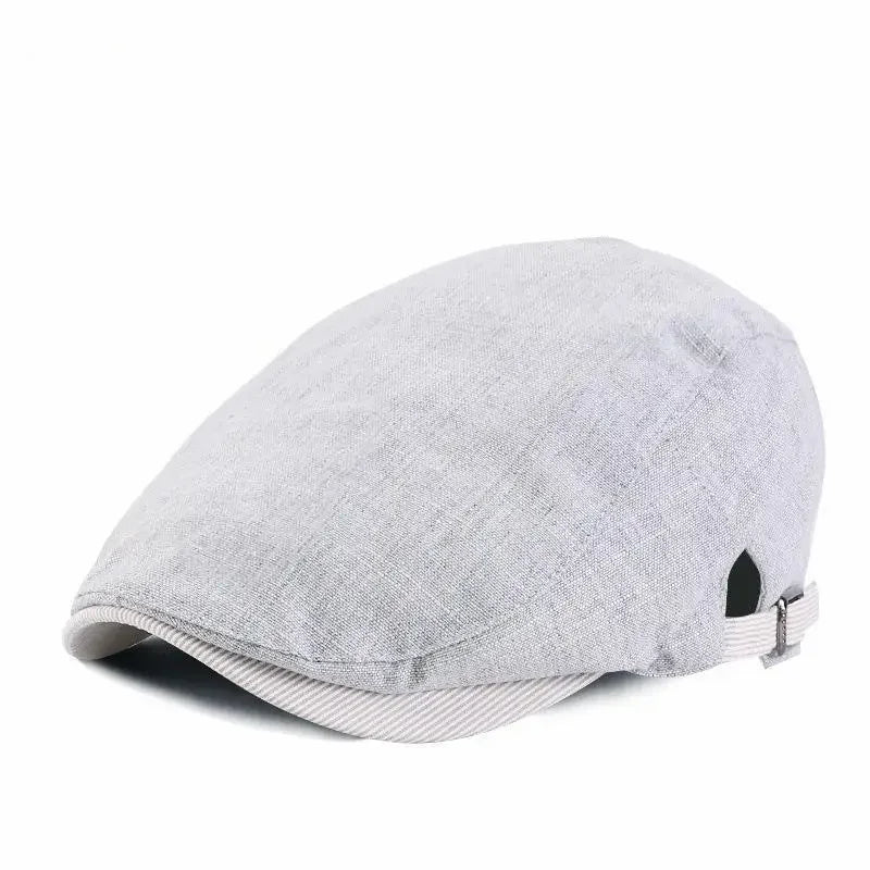 Gray linen flat cap.