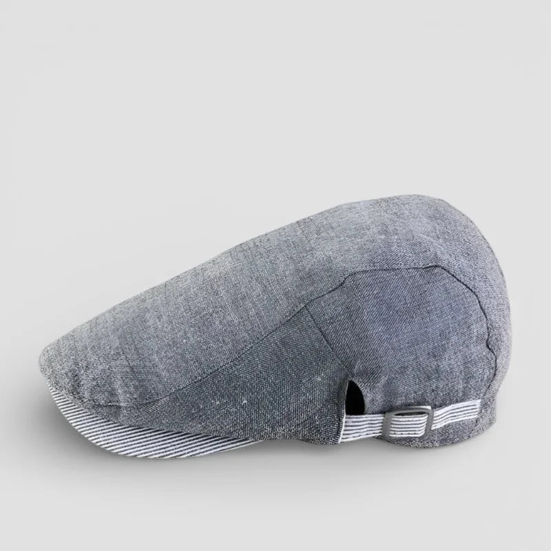 Gray textured Summer Beret Cap with striped brim and adjustable strap