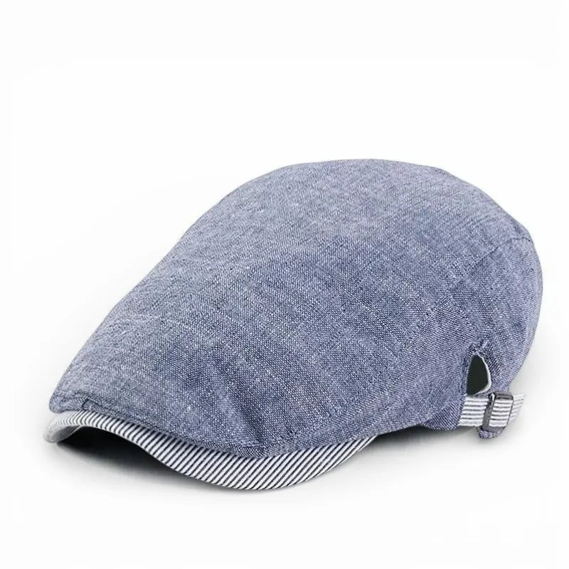 Summer Beret Cap: light blue denim flat cap with striped brim and adjustable strap