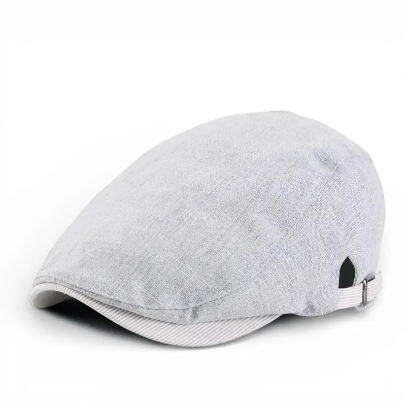 Light gray textured Summer Beret Cap with striped brim and adjustable strap
