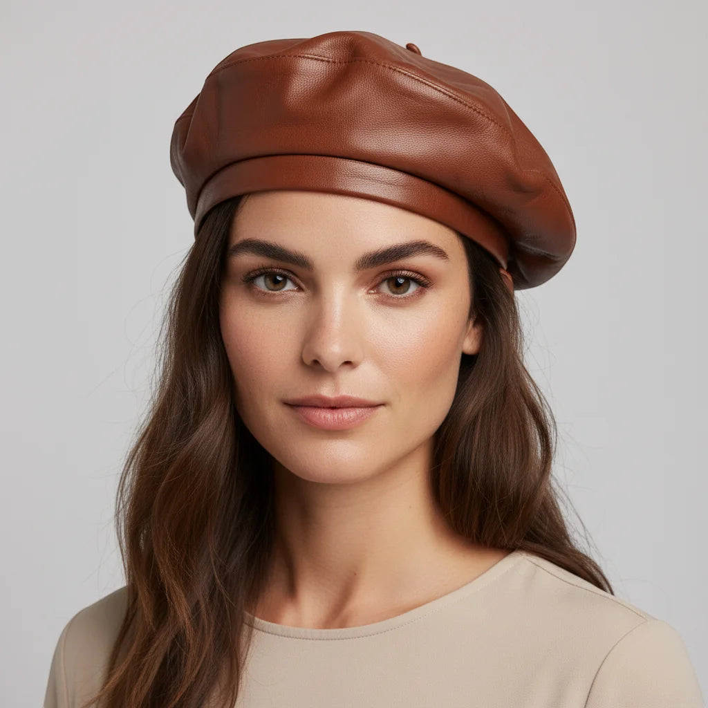 Tan leather beret in rich brown with soft creased texture and snug fit