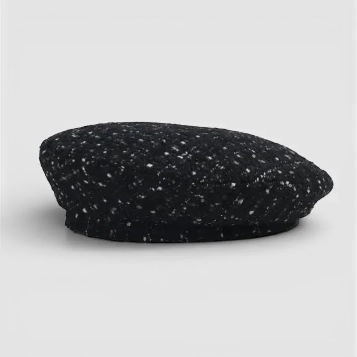 Traditional Basque Beret in black with speckled white textured fabric