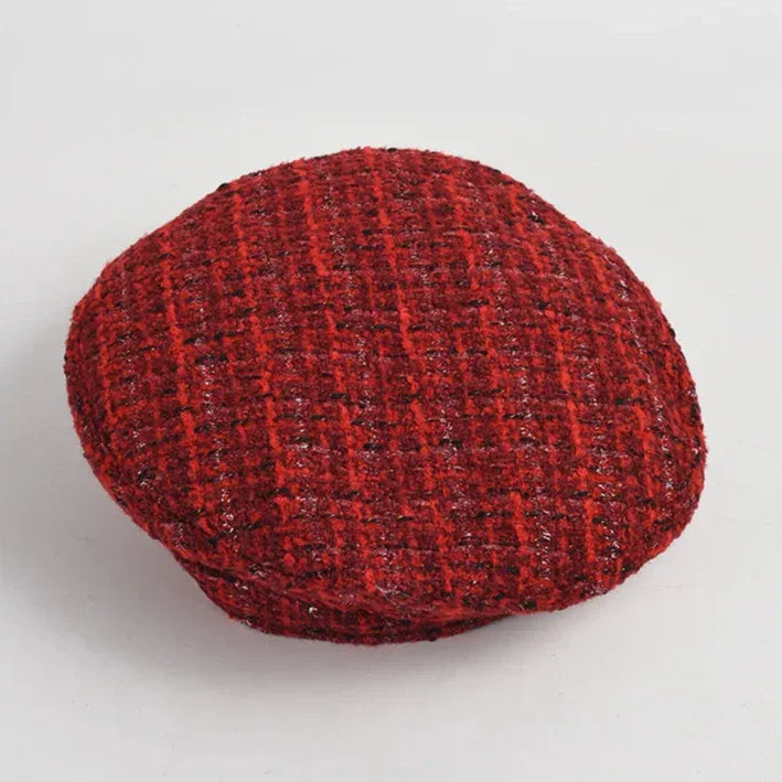 Red tweed flat cap.
