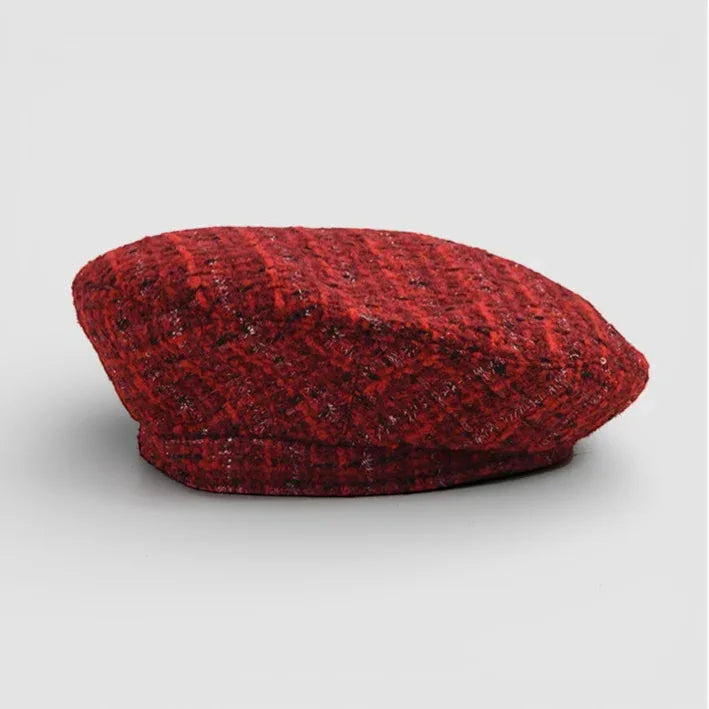 Traditional Basque Beret in rich red tweed-like fabric with shimmer