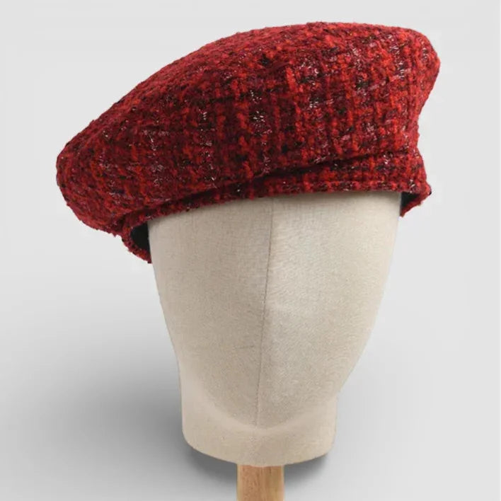 Rich red Traditional Basque Beret with textured woven pattern and shimmer
