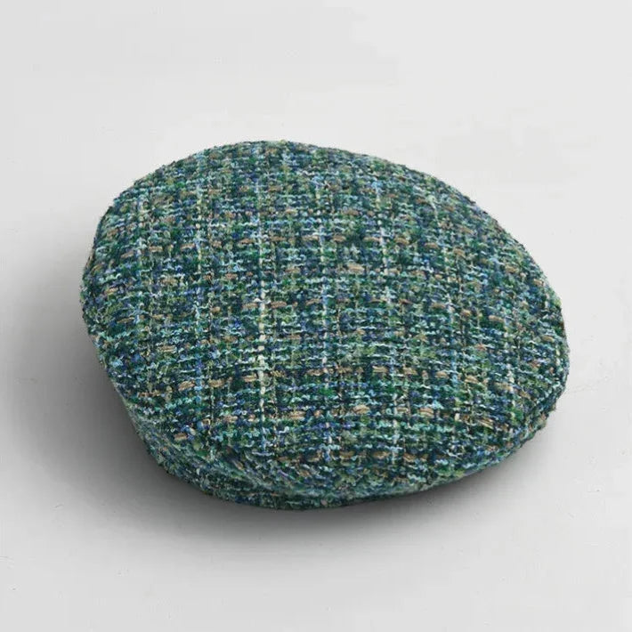 Traditional Basque Beret in green blue tweed flat cap