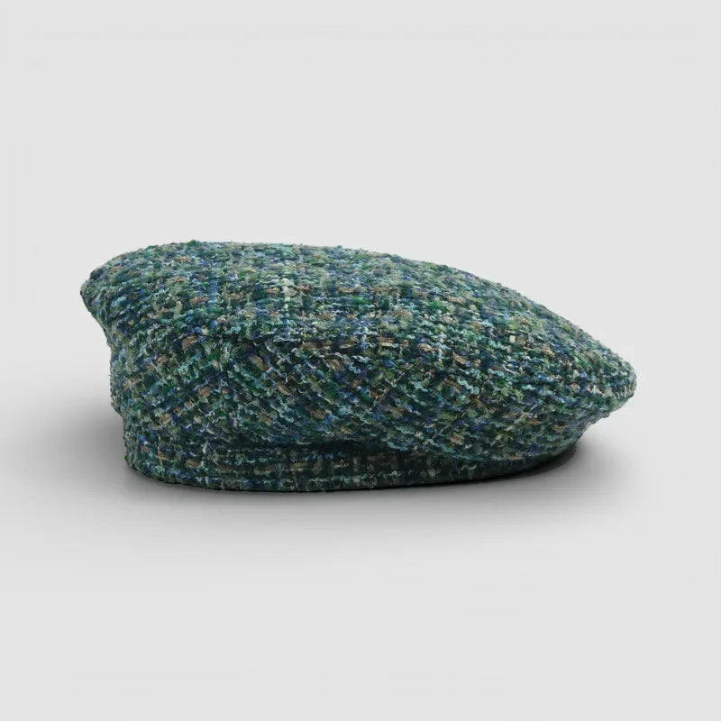 Traditional Basque Beret in textured green tweed with rounded crown