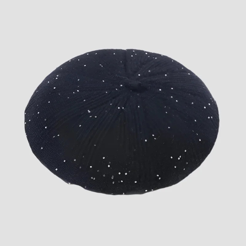 Black beret with silver sequins.