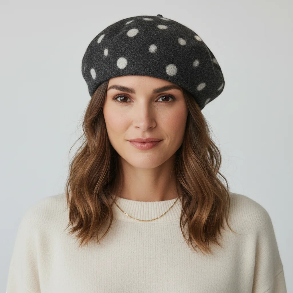 Vintage Basque Beret: black wool with white polka dots