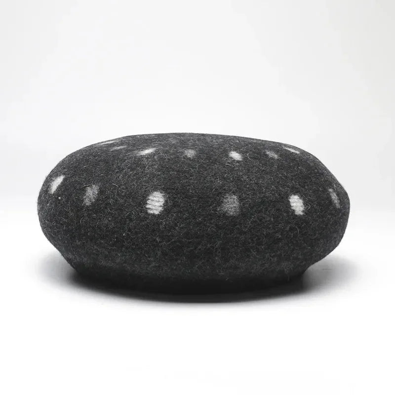 Vintage Basque Beret: dark gray felted with white polka dots