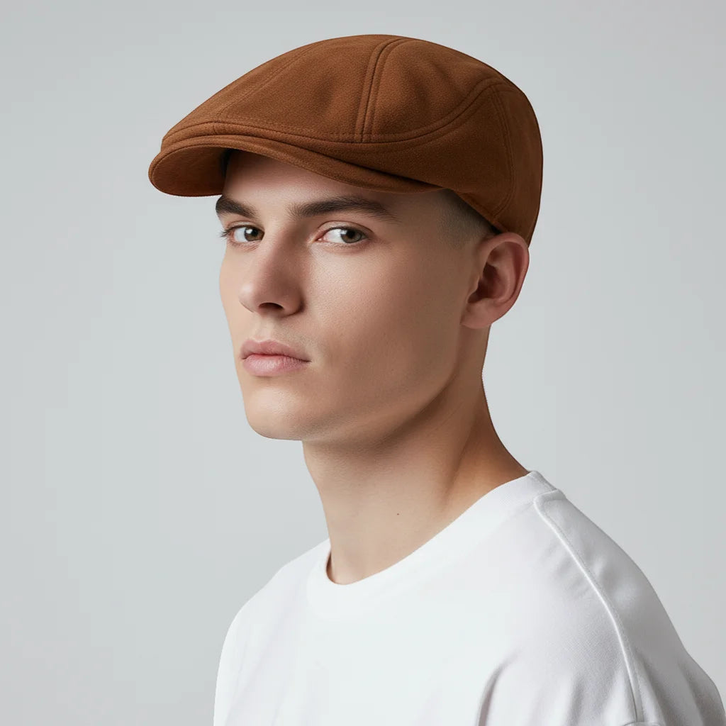 Vintage Beret Cap: brown flat cap with structured quilted design and stitched seams