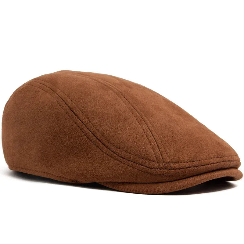 Brown suede flat cap.