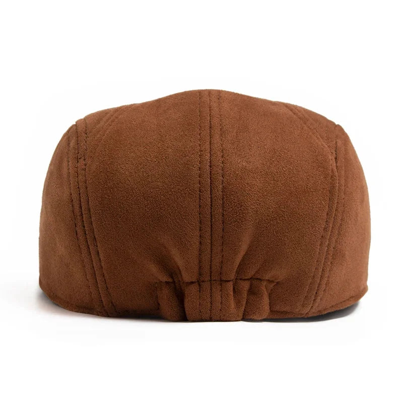 Brown suede flat cap.