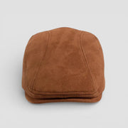 Vintage Beret Cap: brown suede flat cap with structured rounded crown and stitched seams