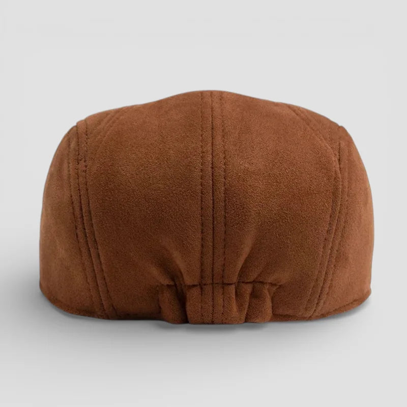 Vintage Beret Cap: brown suede five-panel design with visible stitching