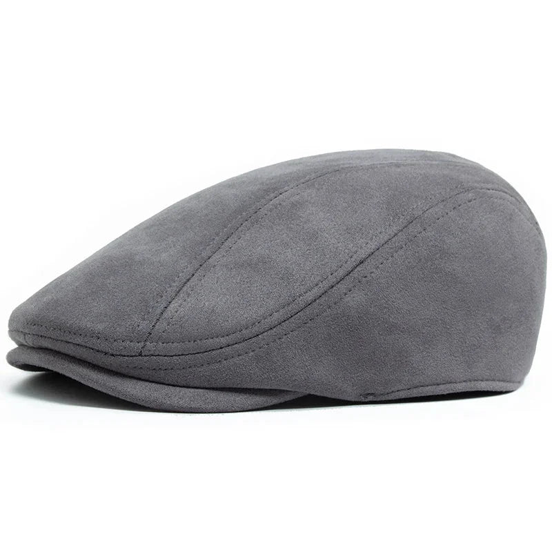 Gray suede flat cap.