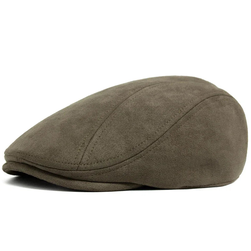Olive-green suede flat cap.