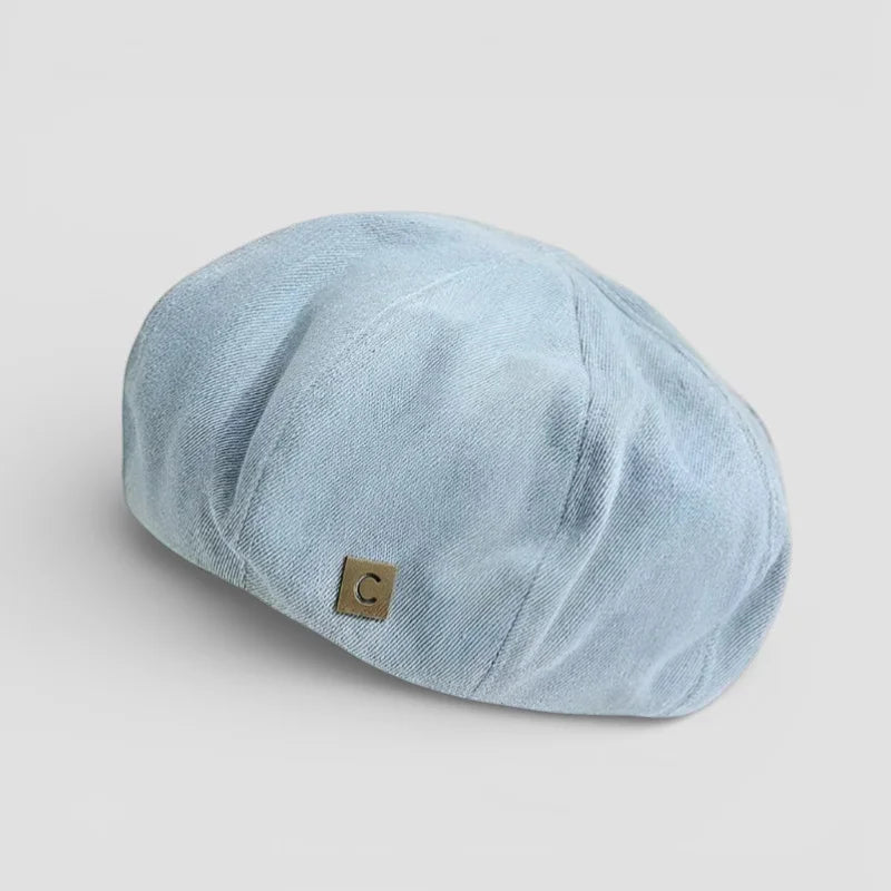 Vintage denim beret light blue flat cap with gold square logo patch