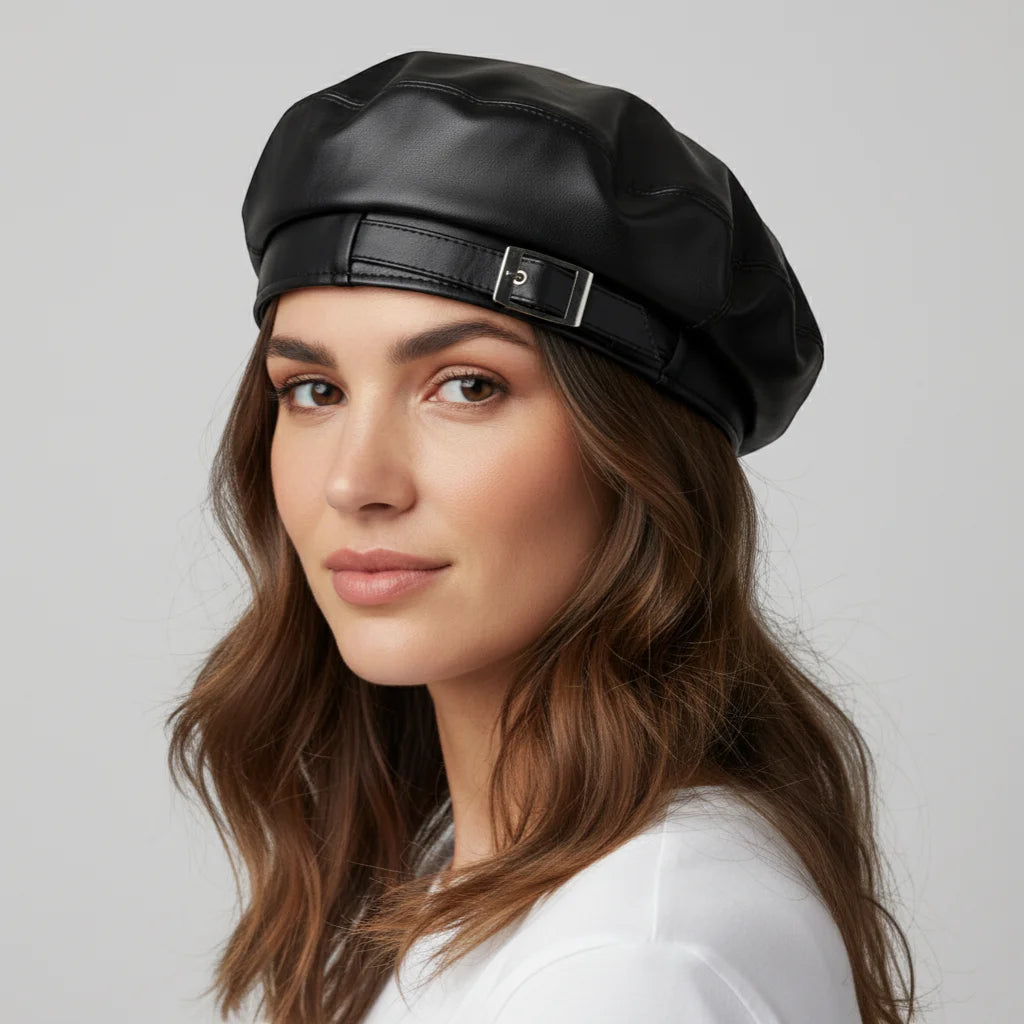 Vintage leather beret in black faux leather with sleek buckle detail